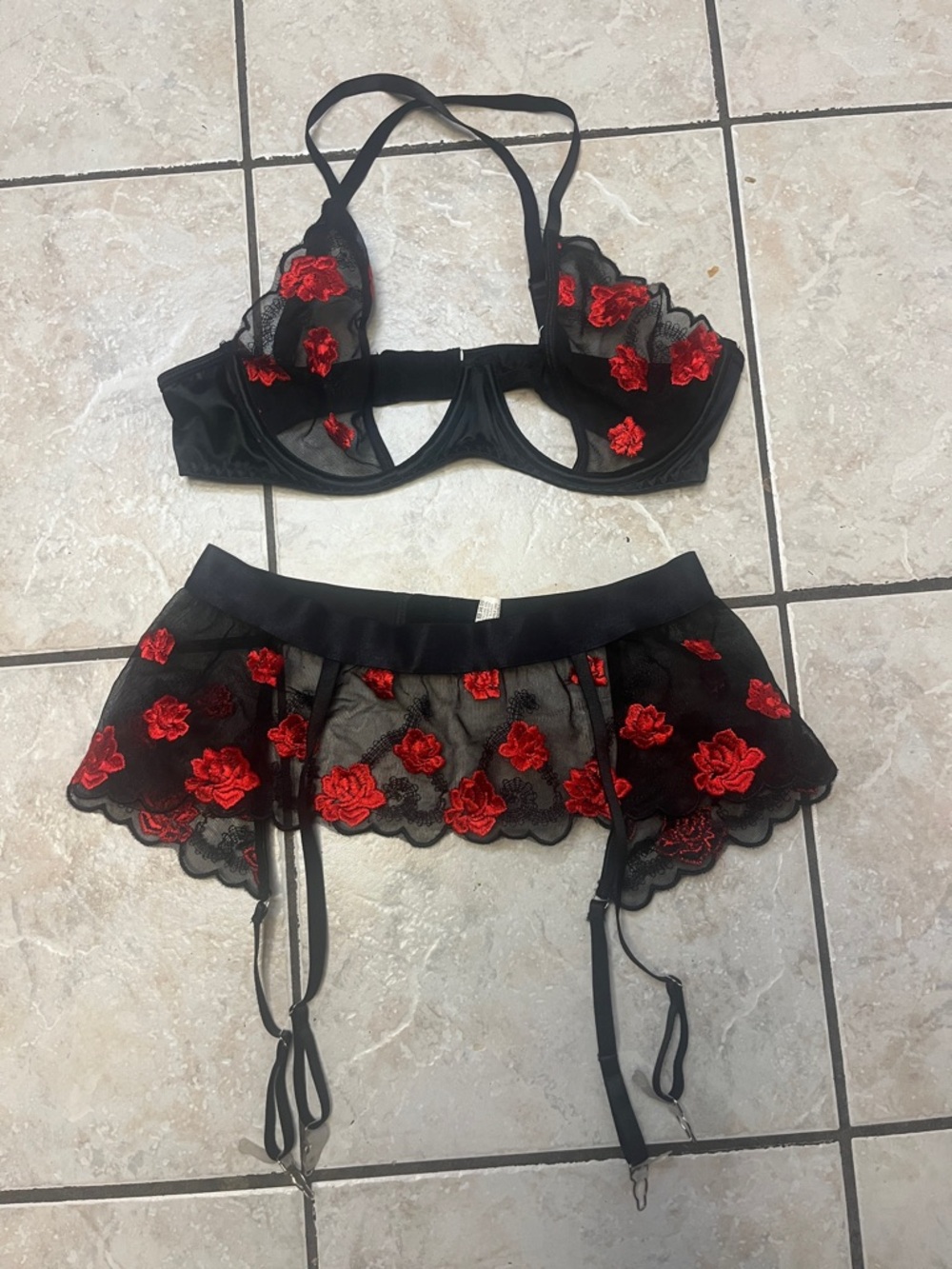 Black Lace Garter Belt and bra with Red Floral Embroidery S NWOT